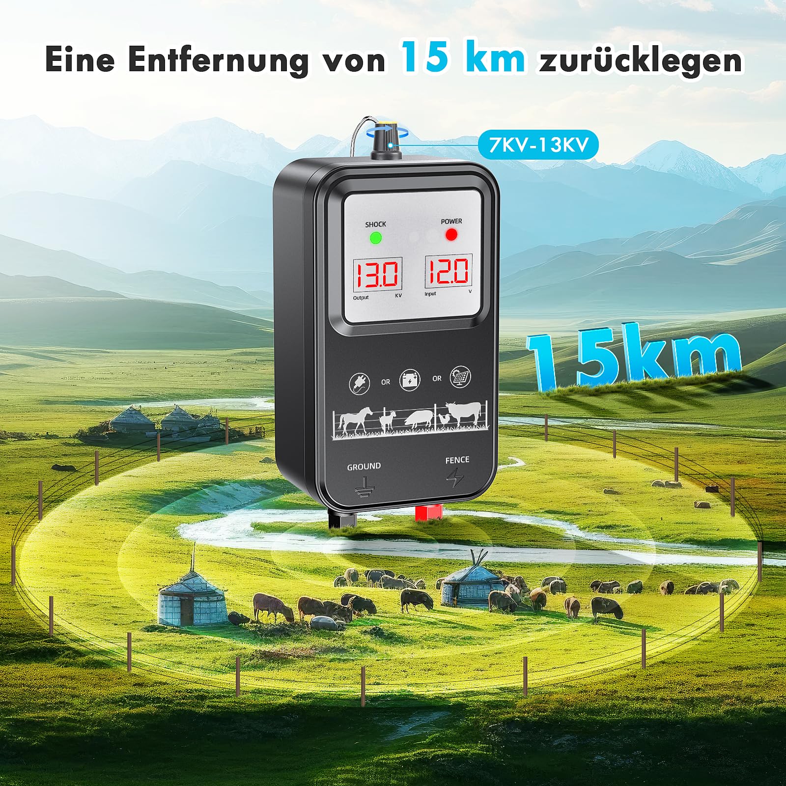 15KM Elektrozaun für Vieh und Tiere, Elektrozaungerät mit einstellbarer Spannung (7-13 kV) 2,0 J Hochleistung, Vollschutz für Pferde, Schafe, Hunde, Weiden, Bauernhof und Garten (Schwarz)