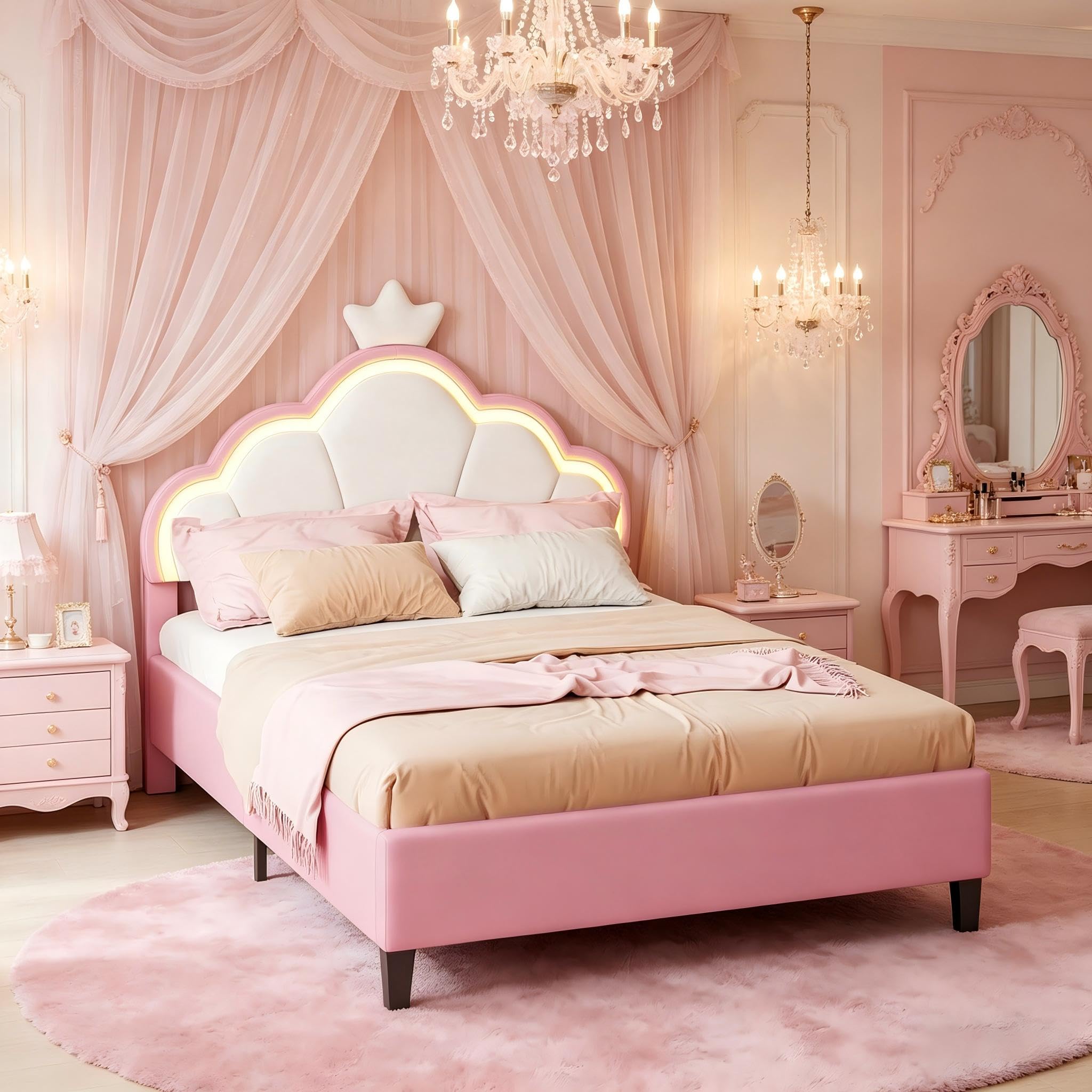 Cama infantil acolchada 90 x 200 cm, cama individual para niña con iluminación LED y somier de láminas, cabecero ajustable en forma de corona, terciopelo, rosa, sin colchón (rosa, 90 x 200 cm