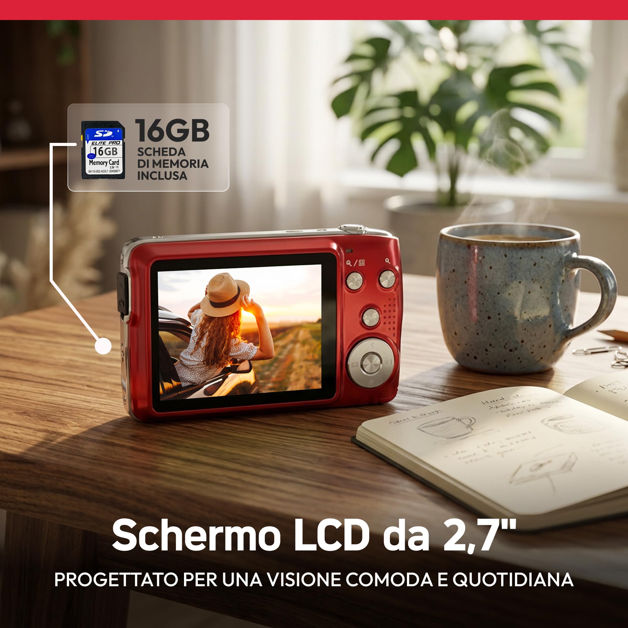 AGFA PHOTO Realishot DC8200 - Fotocamera Digitale Compatta, 18MP, Video Full HD, Schermo LCD 2.7'', Zoom Ottico 8X, Batteria al Litio e Scheda SD 16GB - Rosso