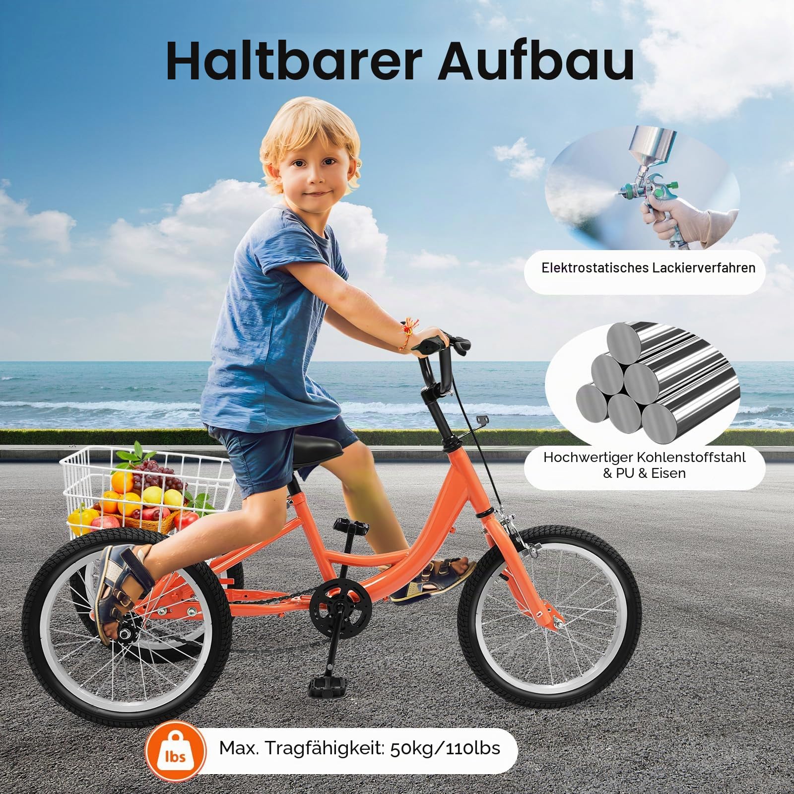 16-Zoll-Kinder-Dreirad, Single-Speed-Dreirad mit Einkaufskorb, Tragkraft 110 lbs, Lastenfahrrad, Klemmbremse, Für Ausflüge, Einkäufe Oder Camping, Hellorange