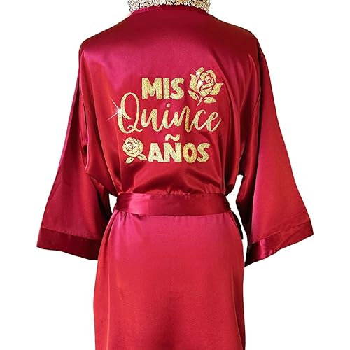 Personalized Quinceañera Satin Robe, Mis Quince Dress Robe, Mis Quince Robe with Rose, Butterfly, Tiara, Crown for Girls, Customized Glitter Mis 15