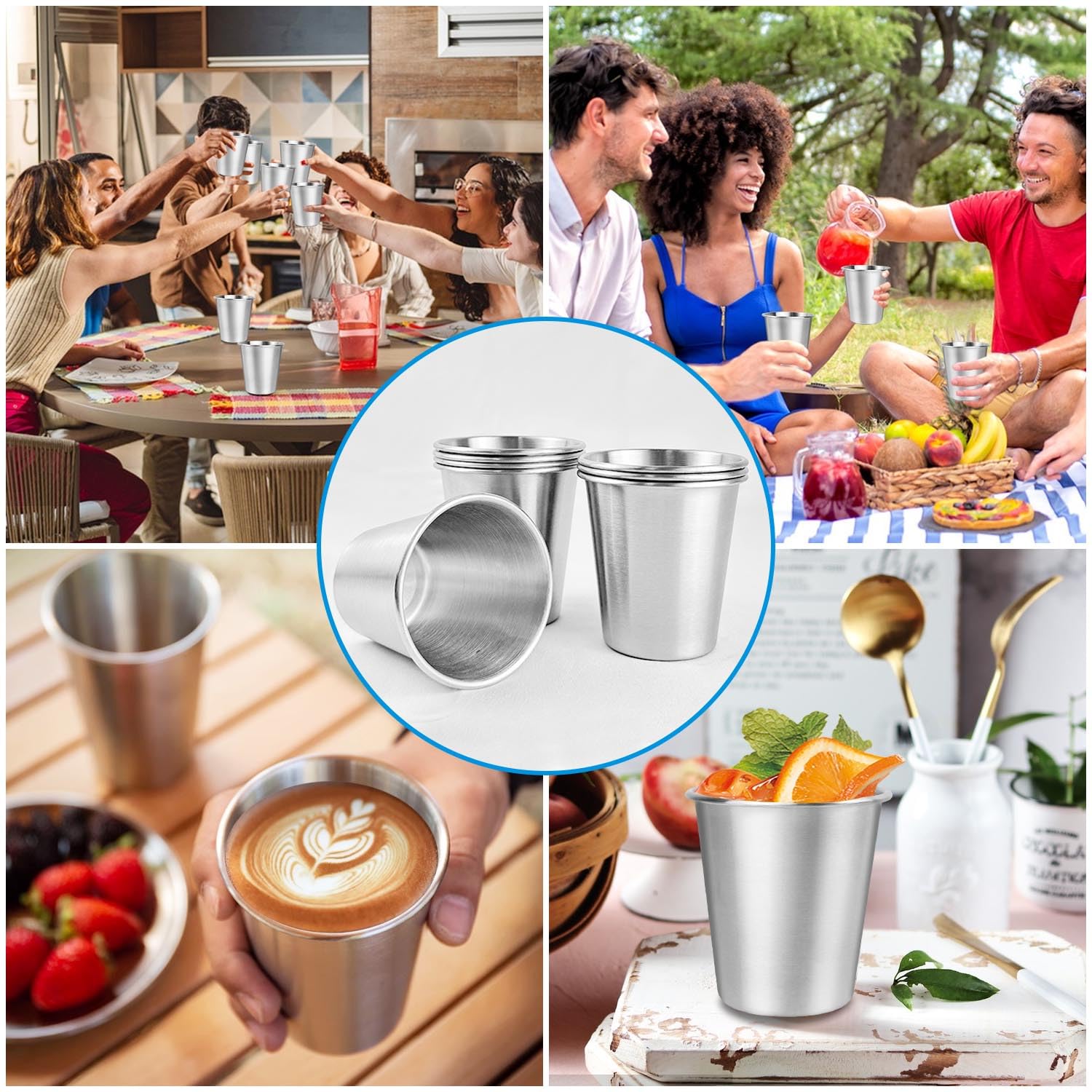 8 filiżanek ze stali nierdzewnej o pojemności 260 ml, kubki kempingowe, metalowe kubki bez uchwytu, ze stali nierdzewnej, na urodziny, piknik, kubek podróżny, nietłukący się, nie zawiera BPA