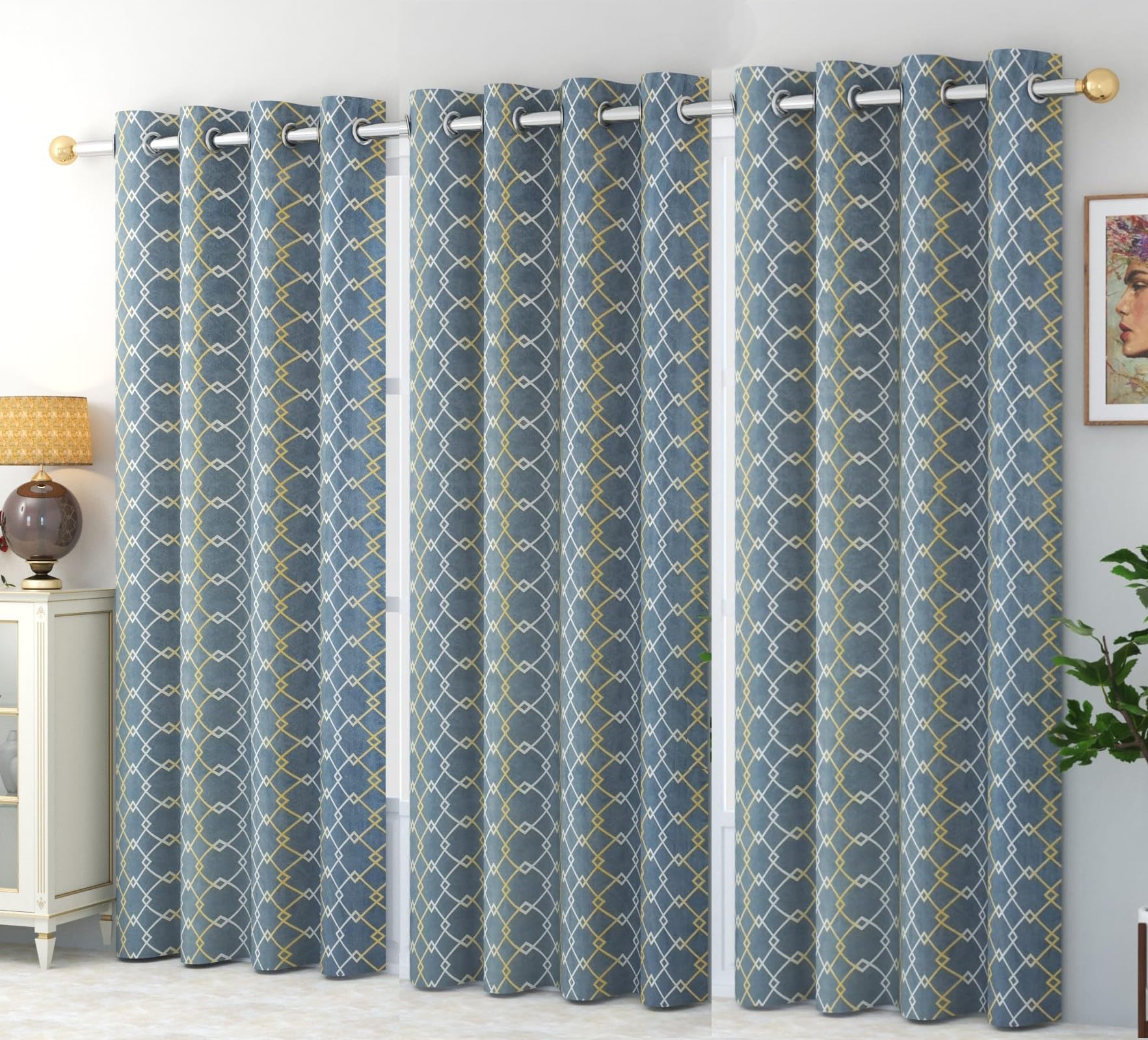 WO FLORA Latest Check Pattern Door Curtains for Living Room | Drawing Room Parde | Curtain Panel for Window, Dark Grey Color 7 Feet 3 Pcs Set Curtains