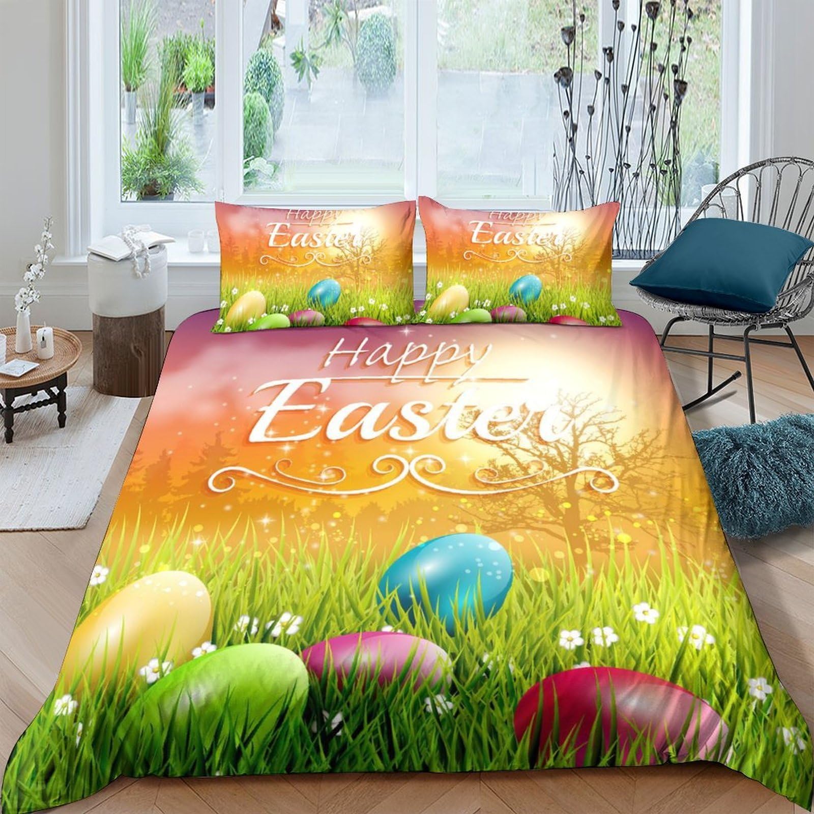 TUFRTGYHN 3D Printed Easter Eggs Duvet Cover Microfiber Soft Breathable Spring Meadow Bedding Set with 2 Pillowcases for Bedroom Apartment Single（135x200cm）