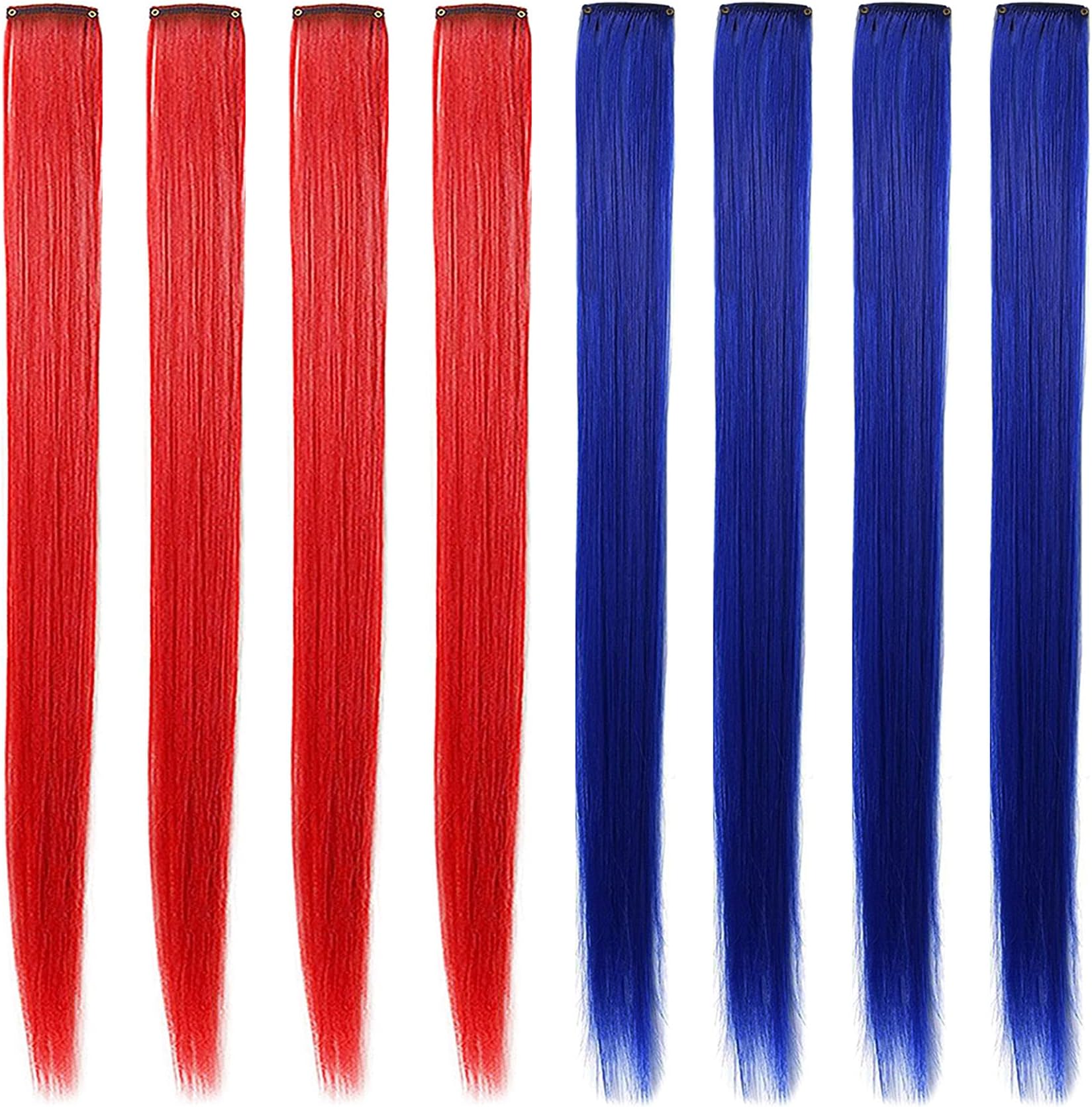 Multi-Colors Hair Etensions Party Highlights Straight Clip in/on Colored Hair Streak Synthetic Hairpieces 8 Pieces (Blue Red)
