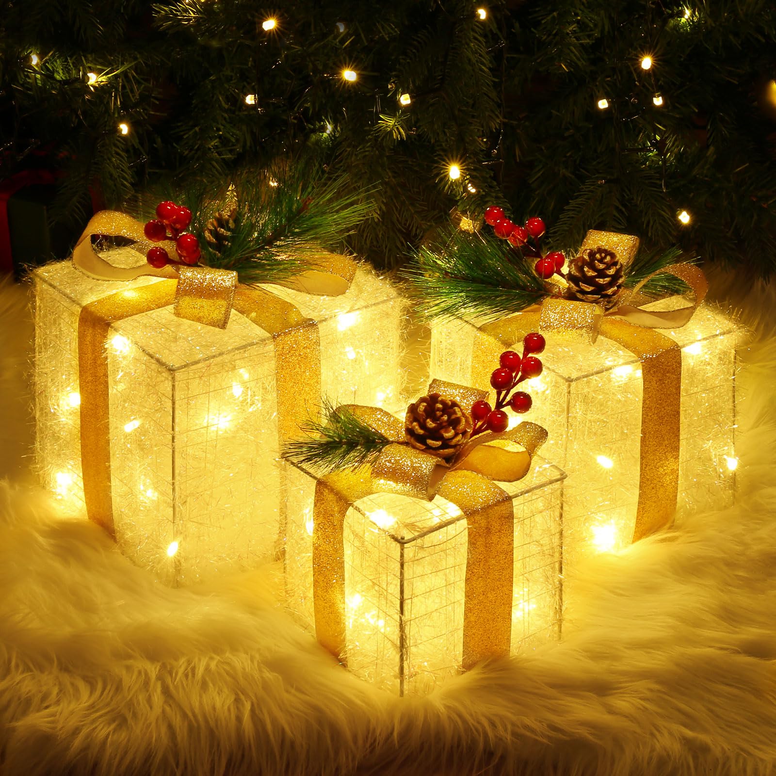 Elegear Set of 3 Christmas Lighted Gift Boxes, 60 LEDs Xmas