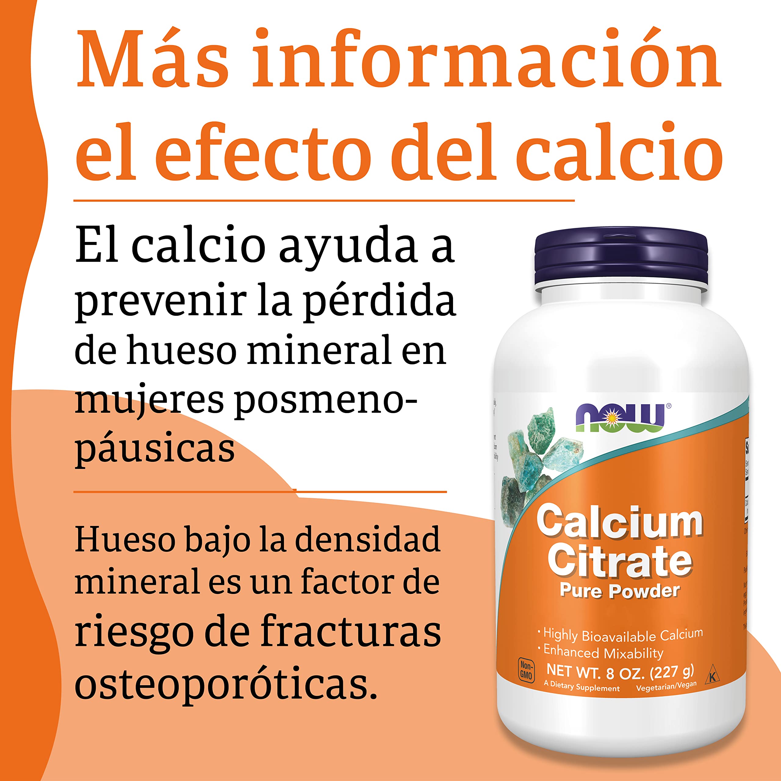Now Foods, Calcium Citrate, Polvo Puro, 227g, Probado en Laboratorio, Calcio, Sin Soja, Sin Gluten, Vegetariano