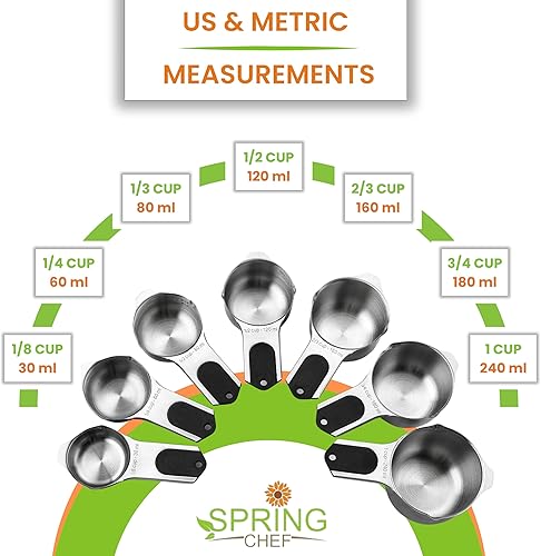 Miniatura 19 de Spring Chef Juego de 15 tazas y cucharas medidoras de acero inoxidable con nivelador, juego de cucharas medidoras de metal métrico de cocina y tazas