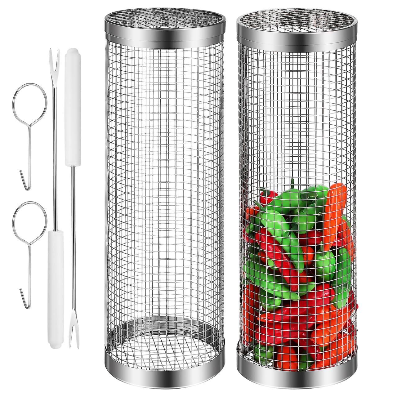 INOOMP 2 Sets Rolling Grilling Baskets for Outdoor Grill BBQ Net Tube Stainless Steel Large Round Mesh Rotation Barbecue Cylinder Cage Cooking Accessories for Veggies Vegetable Fish Meat Food Camping