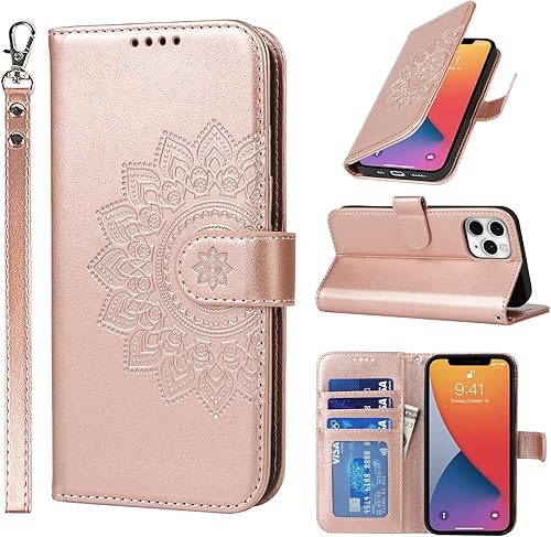 Funda tipo libro magnético de piel con estampado de flores, con soporte, ranuras para tarjetas y compartimento para correa, color rosa