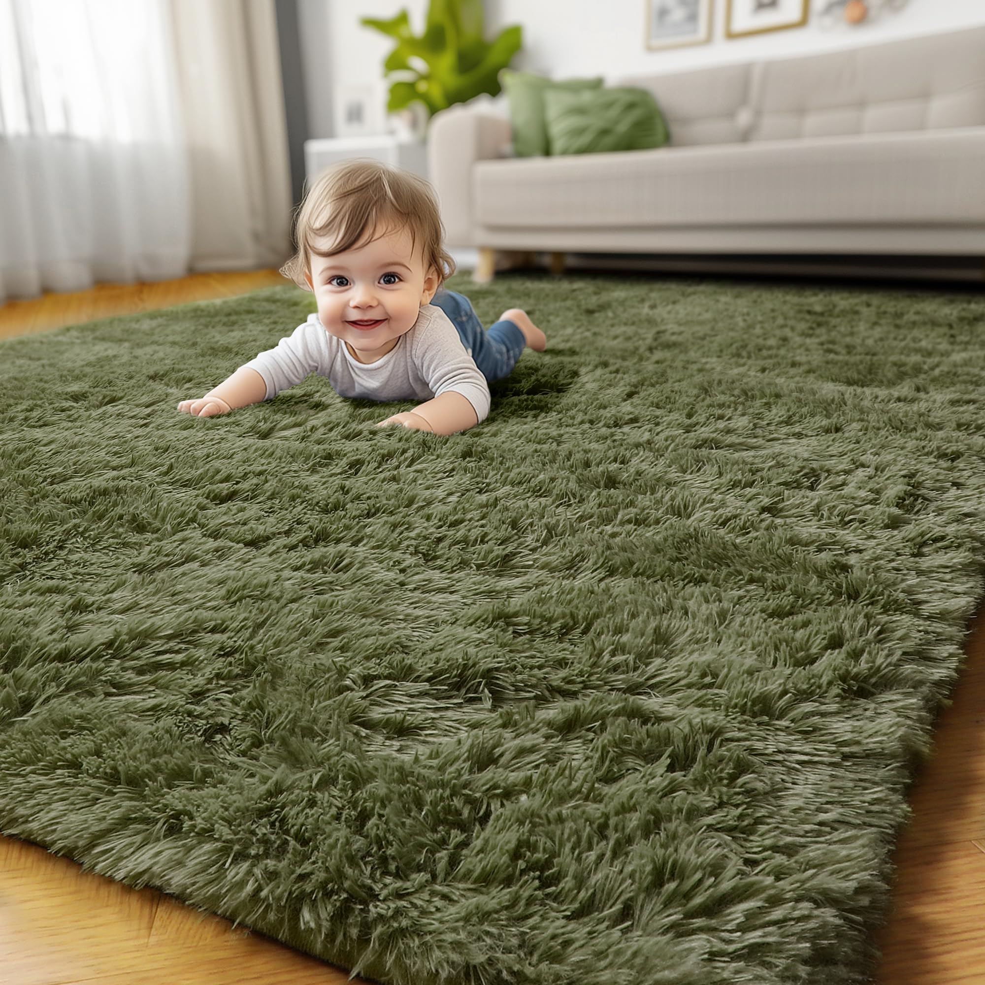 Photo 1 of Amdrebio Olive Green Fluffy Area Rugs for Bedroom Living Room, 5x7 Shaggy Modern Cool Rugs for Girls Boys Kids Room Decor, Soft Plush Fuzzy Furry Carpet for Classroom Nursery Dorm Playroom Apartment