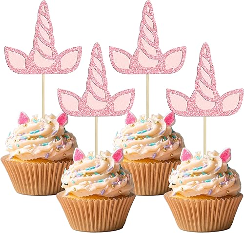 Gyufise 24 piezas de decoración de cuernos de unicornio con purpurina rosa de doble capa para cupcakes de caballo de unicornio para baby shower,