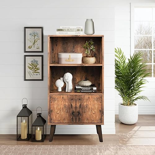 Miniatura 6 de Wonder Comfort Estantería de madera de 3 niveles con 1 puerta y 2 estantes abiertos, estantería marrón rústico de mediados de siglo para libros y