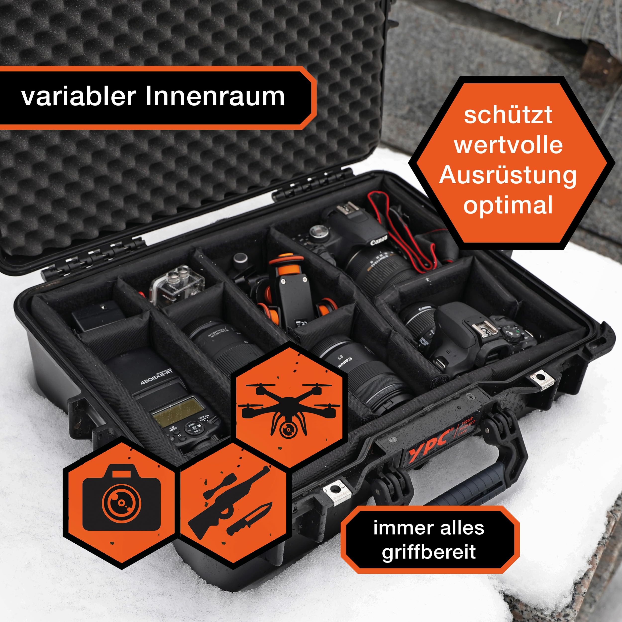 YPC Xplorer Case XL – 53cm x 40cm x 18cm Outdoor Case, Fotokoffer gepolstert wasserdicht, Kamera Koffer Hardcase, Transportkoffer für Drohne, stapelbar