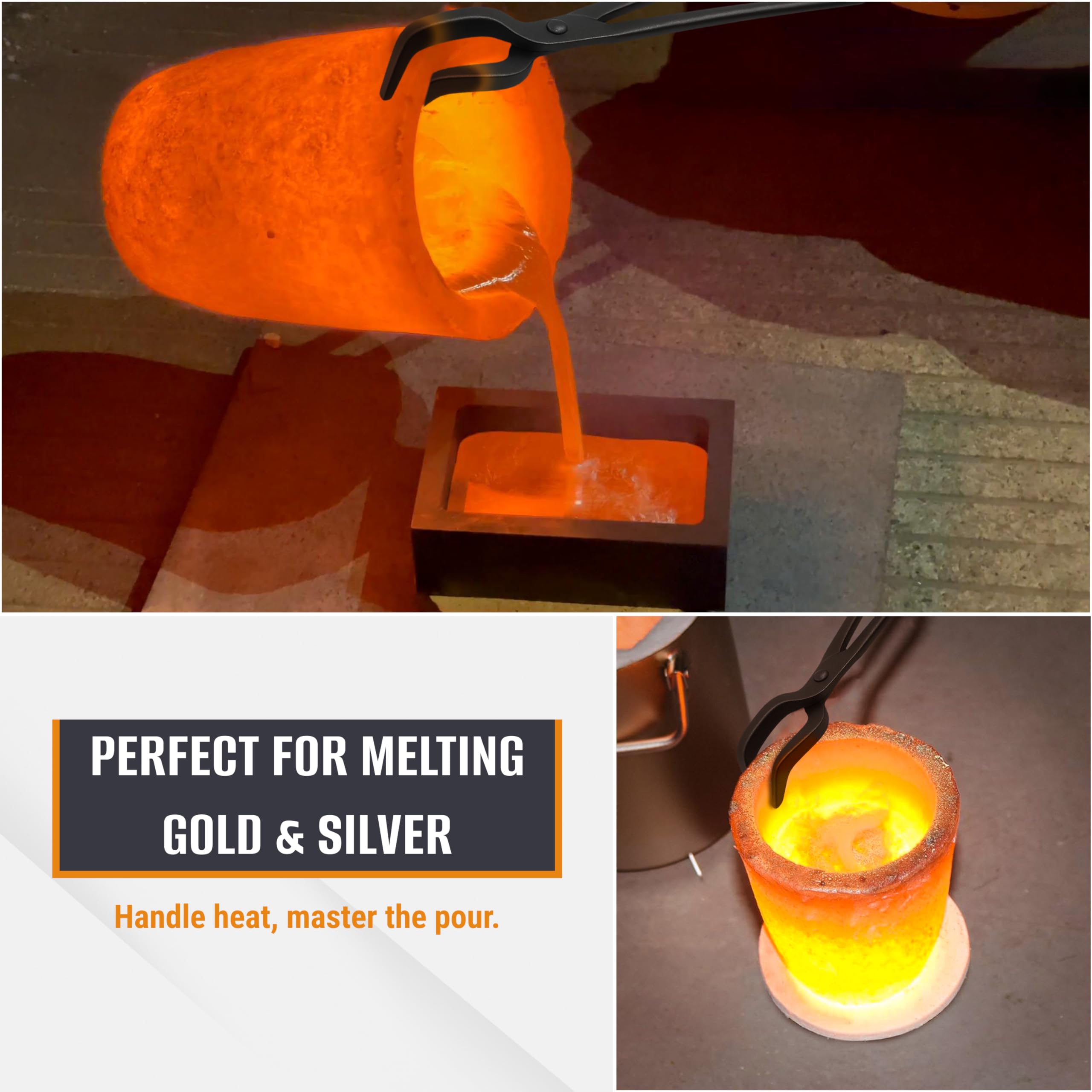 Simond Store Pinzas de metal con bisagras de fundición de herrero de 24 pulgadas para crisoles de grafito y grafito, pinzas de acero resistentes para fundición de refinación de metal dorado, plateado