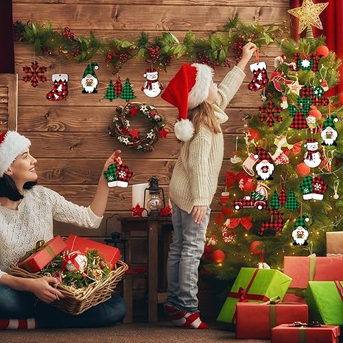 Miniatura 9 de Adornos de madera de invierno, decoración de madera de copo de nieve, gnomo, muñeco de nieve, letreros colgantes con cuerda para manualidades de