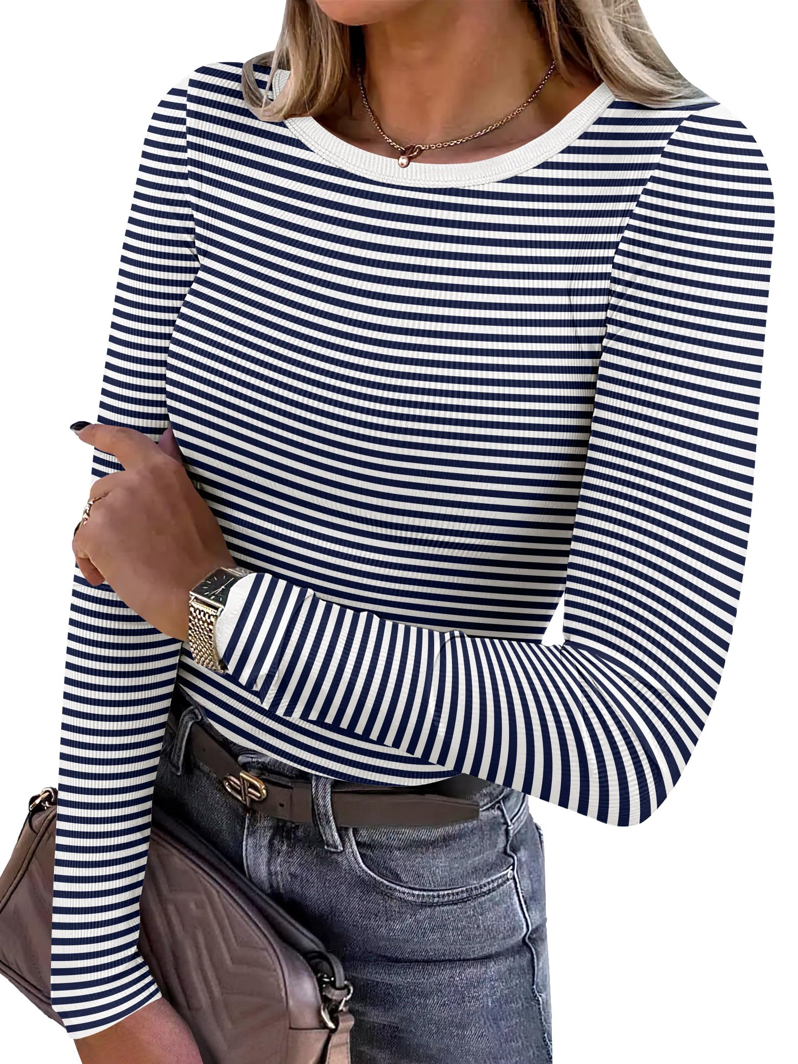 ANRABESS Women Long Sleeve Shirts Rib Knit Slim Fit Tops Basic Tee Spring Outfits Casual T-Shirt Underscrubs Layer Clothes