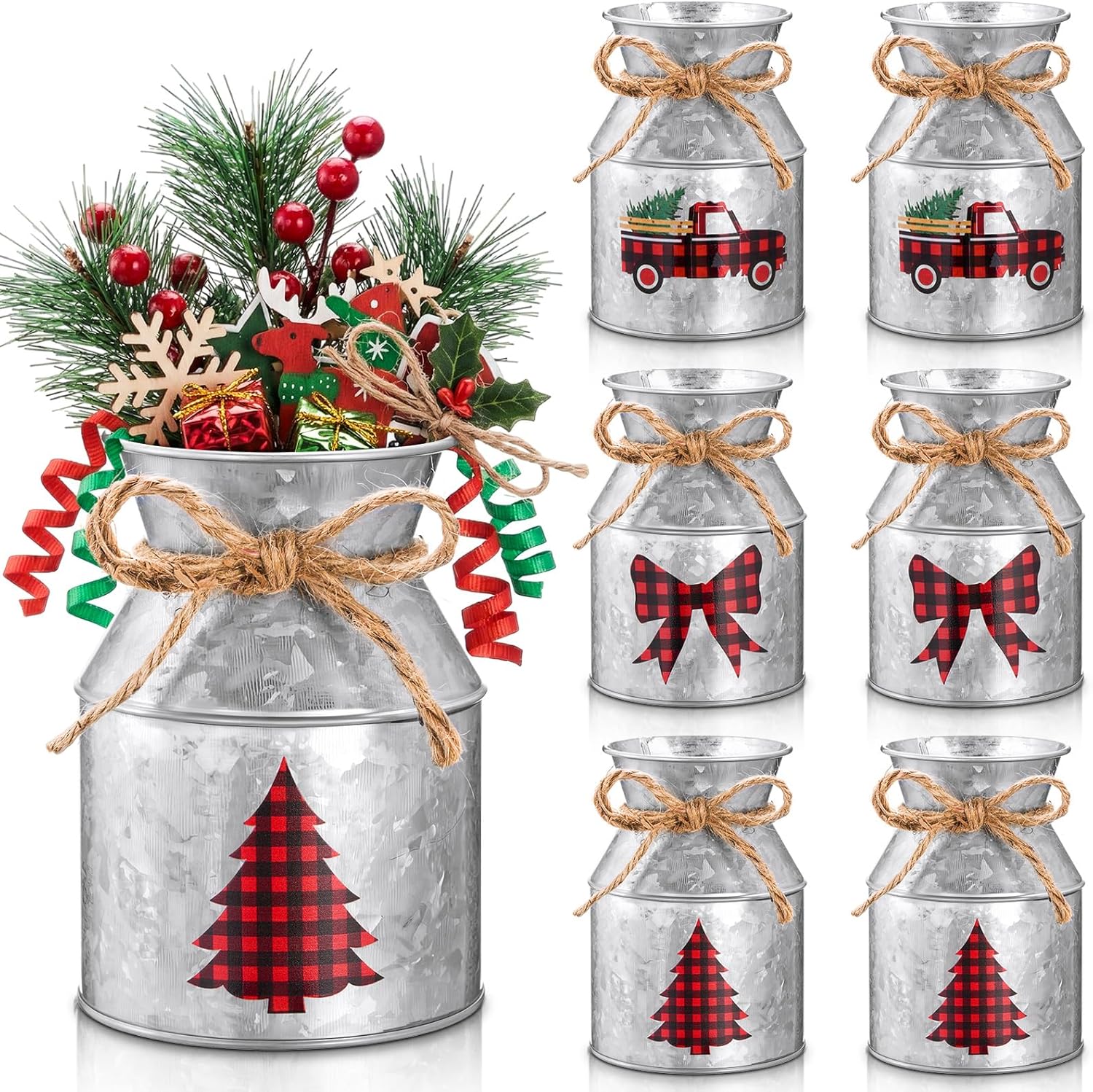 Domensi 6 Pcs Christmas Flower Vases for Table Centerpieces Bulk 5.12 Inch Rustic Metal Galvanized Flower Buckets with Bow Farmhouse Buffalo Plaid Xmas Milk Can Jug for Kitchen Dining Table Decor