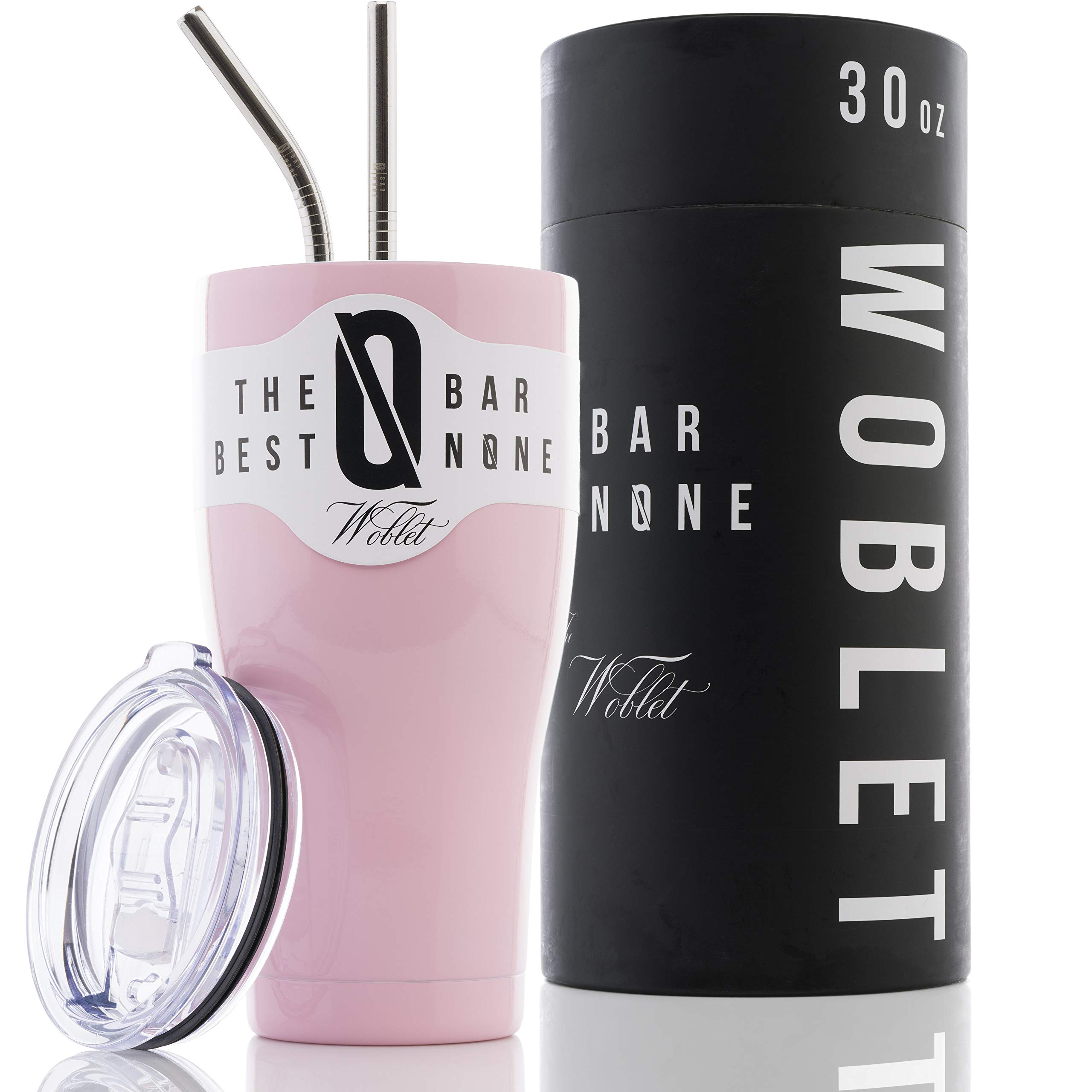 BAR NONE Woblet | 30 oz Stainless Steel Tumbler Vacuum Insulated Rambler Coffee Cup Double Wall Travel Flask Mug Insulated Stainless Steel Coffee Cup with Lid, 2 Straws, GiftBox (Parisian Pink)