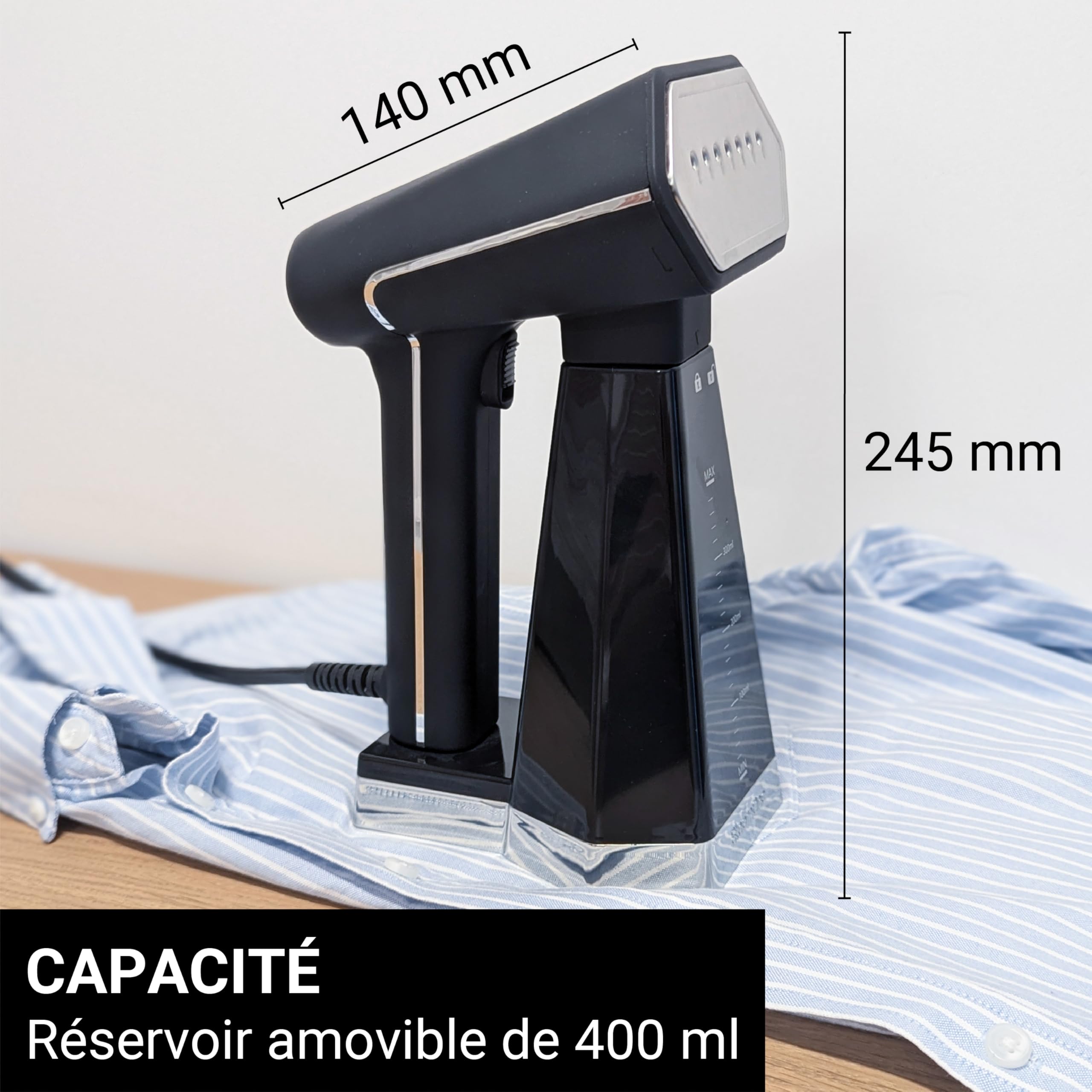 STEAMONE - Steamer Defroisseur à vapeur de voyage 2000W 30g/min- Fer Portatif Compact (400 ml)- Élimine 99,99% d'Impuretés- Prêt en 40s pour Tout Tissu- Cable 3m - Accessoire Brosse Inclu - EUSN400B