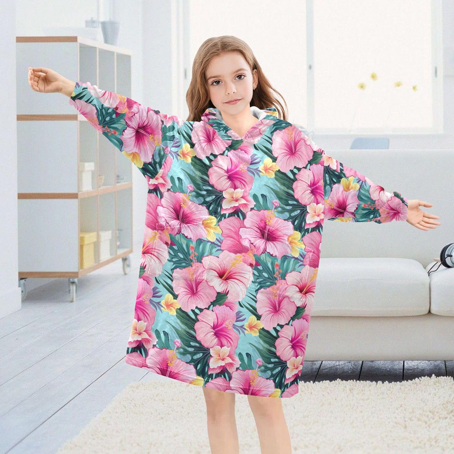 Pink Flowers Summer Kids Wearable Blanket Hoodie with Pocket and Sleeves for Toddlers, Cute Hoodies Girls B0403724