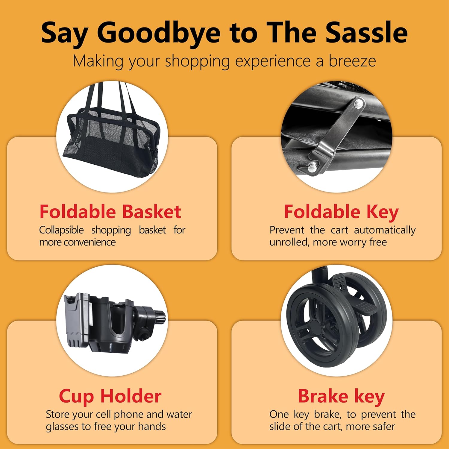 Folding Grocery Cart - 80LBS Heavy Duty Shopping Cart with Detachable Basket & Cup Holder, Collapsible Utility Trolley for Laundry, Outdoor Picnic, Dual-Layer Compact Foldable Cart