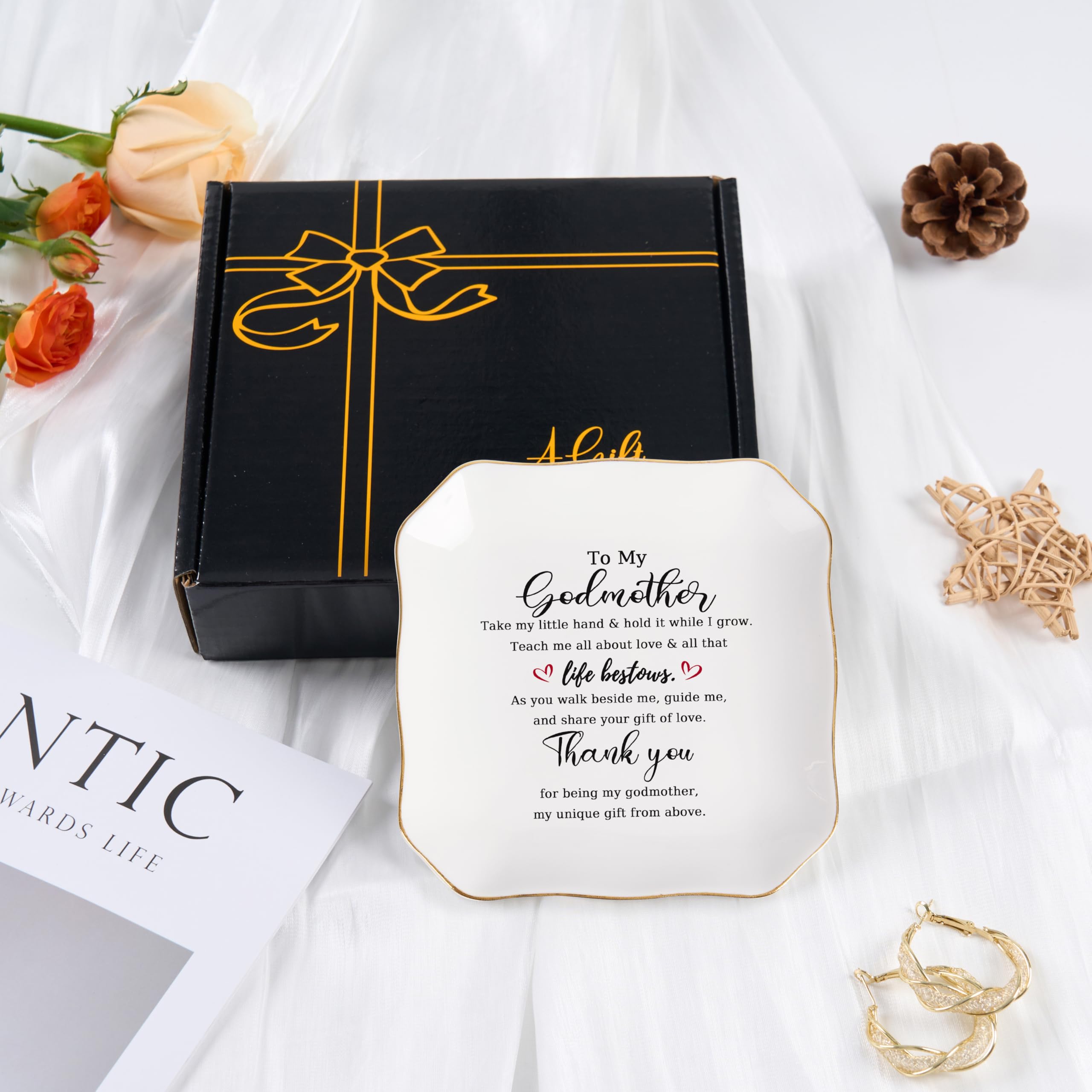 Godmother Gift Trinket Dish Jewelry Tray - To My Godmother Christmas Valentines Mother's Day Birthday Gifts for Godmother from Goddaughter, Madrina Gifts - Thank You for Being My Godmother