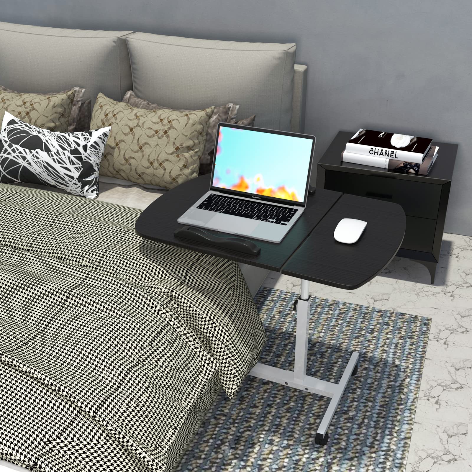 Tavolo da computer, legno, altezza regolabile 61-96 cm, con ruote, tavolino per camera da letto, divano