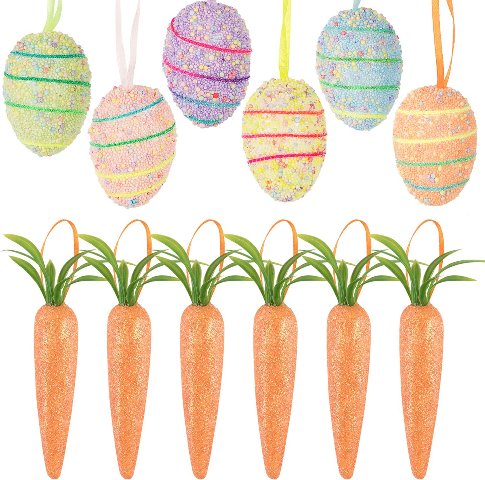12pcs Easter Tree Decorations Hanging Easter Eggs and Glitter Foam Carrot Ornaments Pastel Easter Decorations for Tree (Eggs and Carrots)