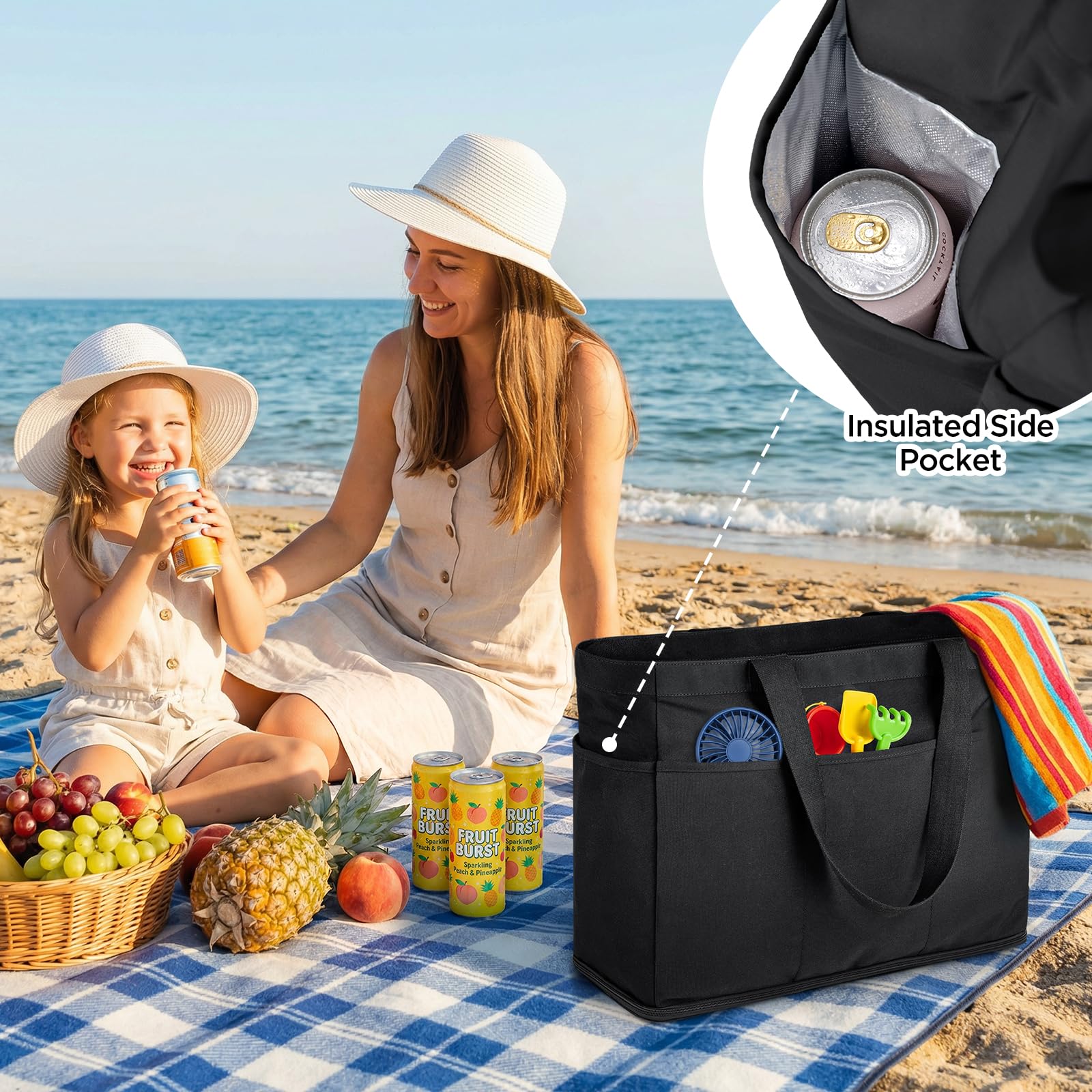 GAGAKU Bolsa de playa XXL con compartimento frigorífico, impermeable, con cremallera, plegable, grande, para familia, mujer, piscina, viajes, color azul, 50 x 38 x 19 cm