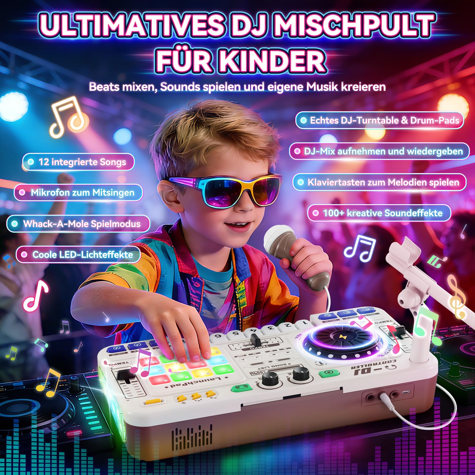 DJ Pult Kinder, DJ Controller, DJ Mischpult Kinder, DJ Mixer mit Aufnahmefunktion, Mikrofon, 100+ Soundeffekten, realistisches DJ Turntable & Drum Pads, Geschenk für Jungen Mädchen 3-12 Jahre, Weiß