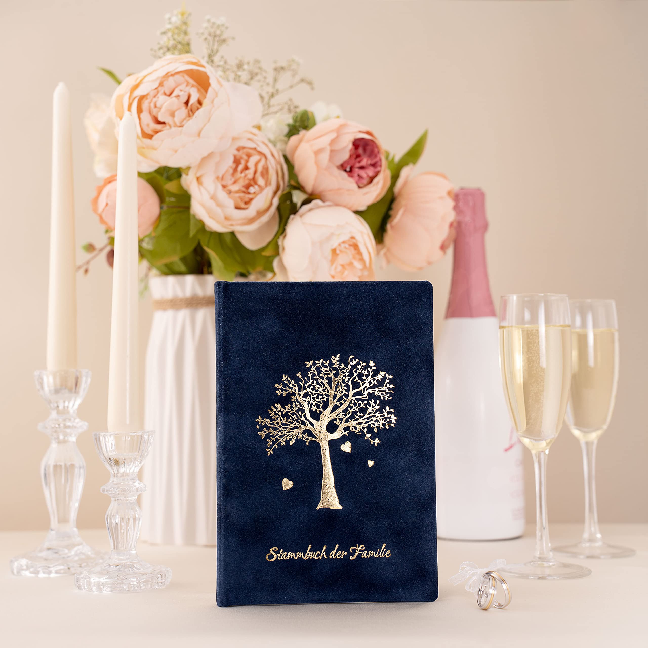 Hochzeit – Hochwertiges Familienstammbuch Velours Blau mit Goldprägung – Sonderformat 13 x 20 cm (kleiner als DIN A5) mit 6-Ring Mechanik für Standesamt Urkunden