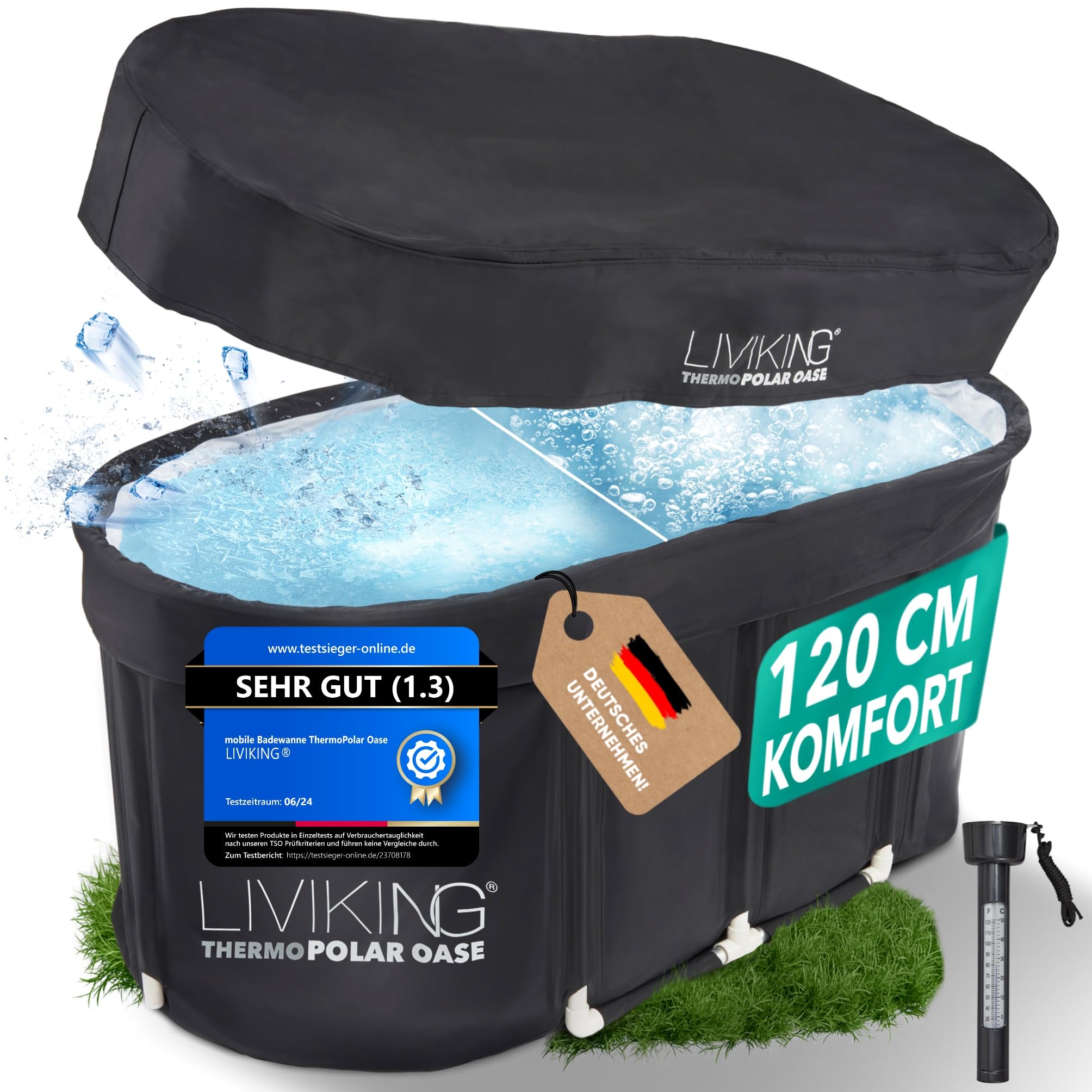 LIVIKING® Eisbad + Faltbare Badewanne Erwachsene [120 cm - 2in1 KOMFORT KOMPLETTSET] Eisbaden Tonne, Mobile Badewanne Outdoor & Eistonne – Jetzt Eintauchen! (ThermoPolar Oase, schwarz)