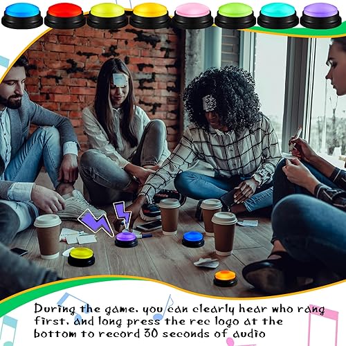 Miniatura 7 de Honoson 8 piezas de zumbadores de respuesta grabables brillantes con botón de respuesta, zumbadores de espectáculo de juegos, zumbador grabable,