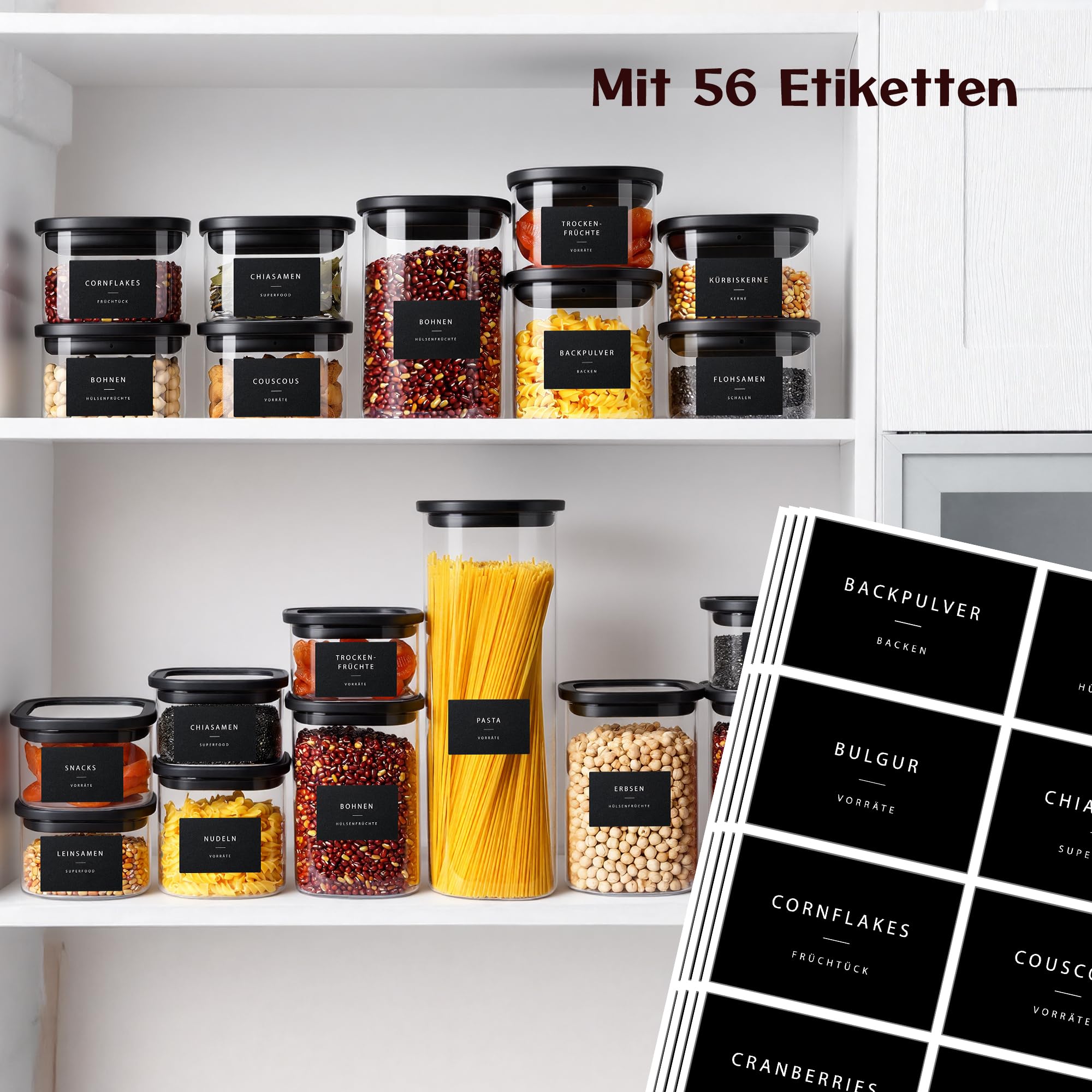 Vorratsgläser mit Deckel (4 x 1450 ml) – Vorratsdosen Glas mit Deckel, luftdicht & mottensicher | eckige Aufbewahrungsgläser mit Glasdeckel | Vorratsbehälter Glas in Schwarz