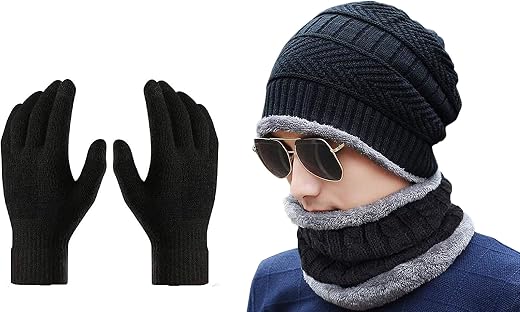 Gajraj Winter Knit Beanie Cap Hat Neck Warmer Scarf and Woolen Gloves Set for Men &amp; Women (3 Piece)