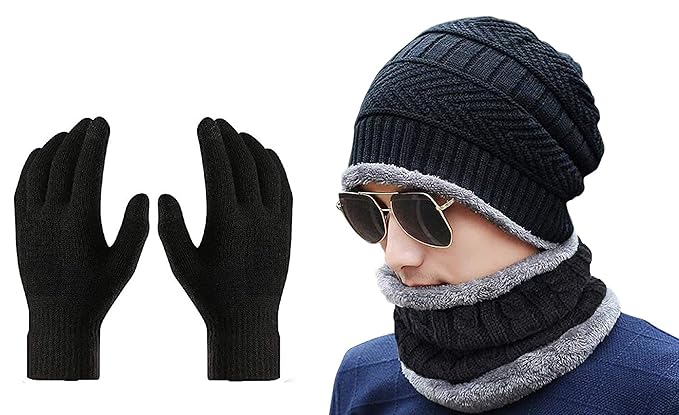 Gajraj Winter Knit Beanie Cap Hat Neck Warmer Scarf and Woolen Gloves Set for Men & Women (3 Piece)
