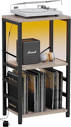 YAKANJ Mesa auxiliar con luz LED, soporte para tocadiscos con almacenamiento de álbumes, almacenamiento de discos de vinilo, mesa auxiliar para sala