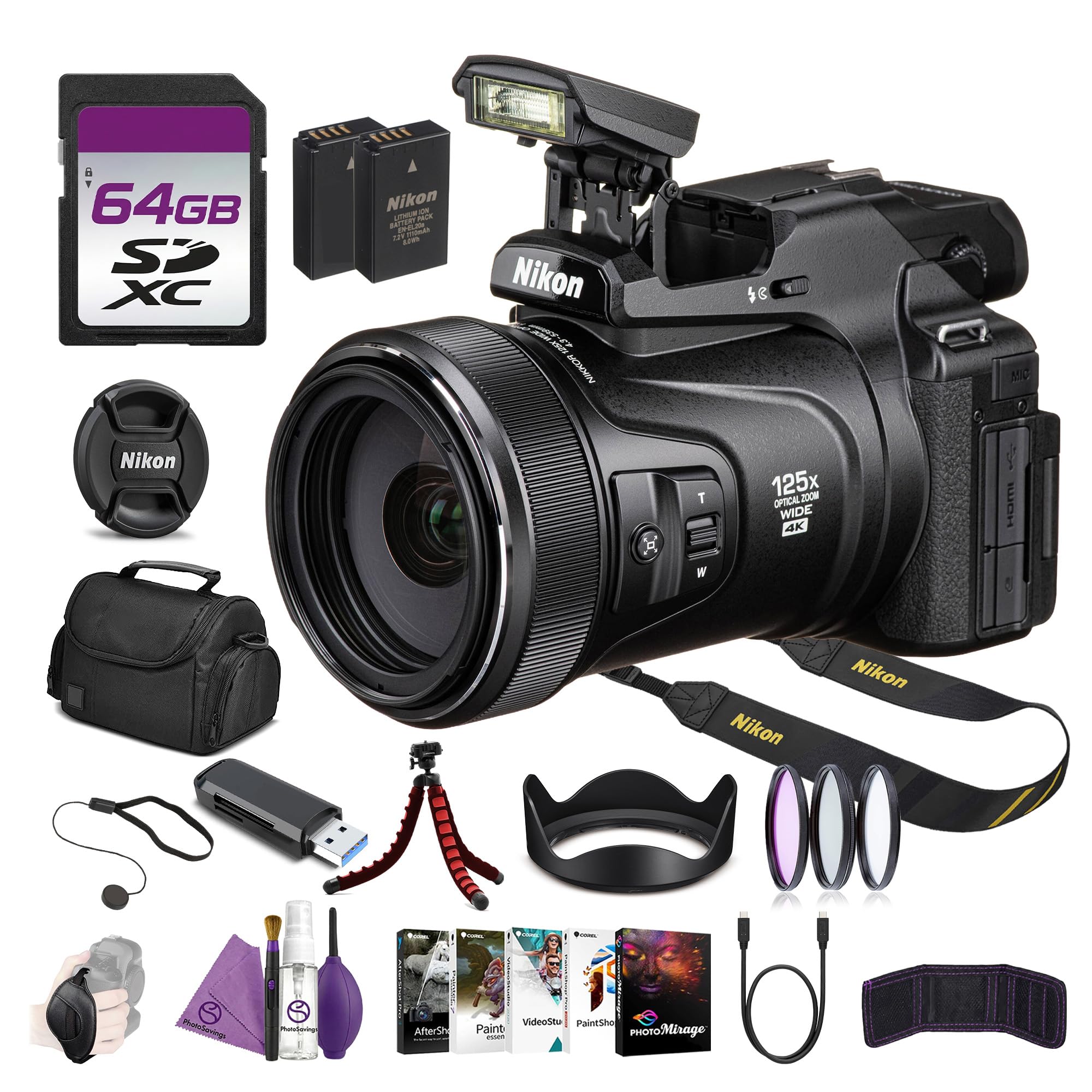 Nikon COOLPIX P1100 Superzoom Digital Camera 16MP 4K Bundle with Camera Bag + Cleaning Kit + Flexible Vlogging Tripod + Professional MC UV/CPL/F + 64GB Memory Card + More