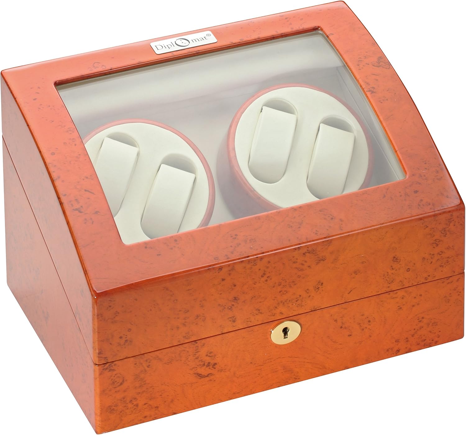 Diplomat 31-415 Burl Wood Quad Watch Winder with Off-White Leather Interior