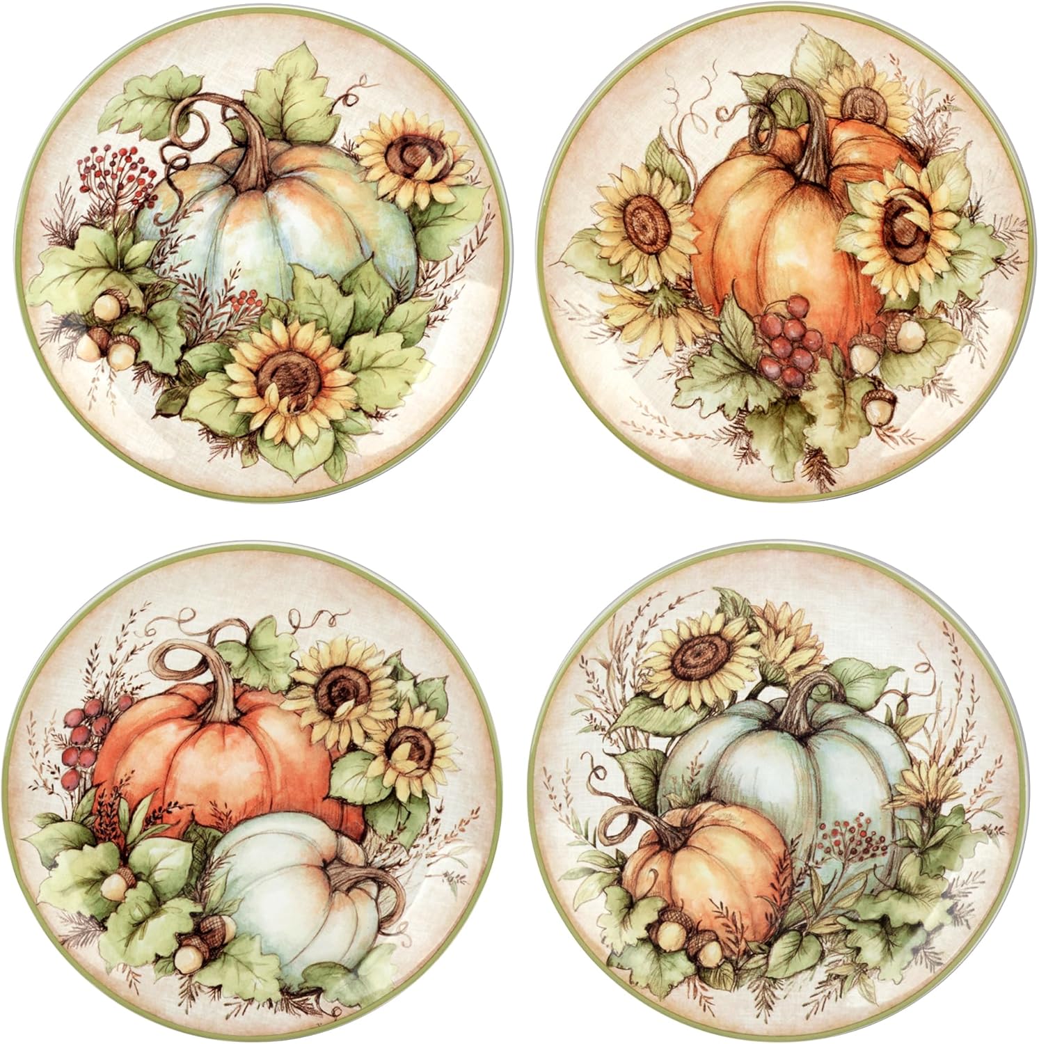 Autumn Breeze Set of 4 Earthenware Salad Plates – Perfect for salads, appetizers, or desserts, these plates feature vibrant autumn blooms and pumpkins for a warm harvest feel 9"