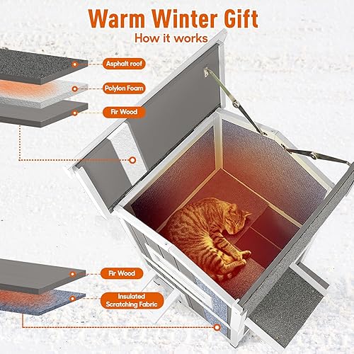 Miniatura 3 de Casa cálida aislada para gatos de 2 pisos, refugio resistente a la intemperie para gatos con 2 plataformas, capas térmicas, 2 puertas de escape,