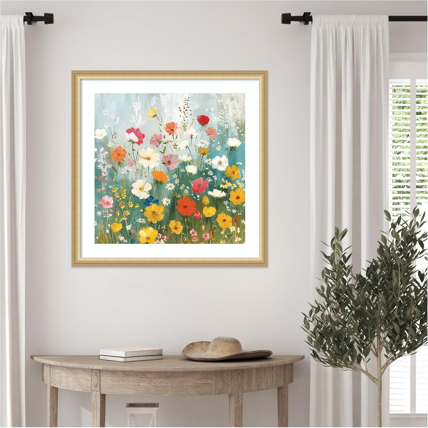 Kate and Laurel Framed Wall Art Print 'Boho WIldflower Garden' by The Creative Bunch Studio, 26 x 26, Florence Gold Frame, Bohemian Boho, Flowers, Nature Art for Wall Decor