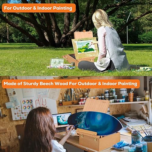 Miniatura 3 de VISWIN Caja grande de caballete de mesa con 3 cajones de almacenamiento, caballete de escritorio de madera de haya portátil ajustable para pintar,
