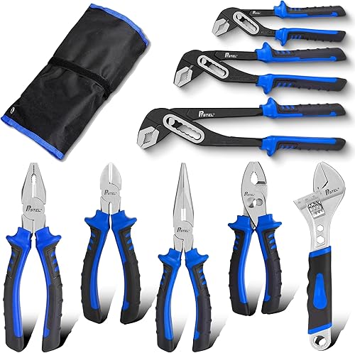 Juego de alicates de 8 piezas con bolsa rodante, alicates de junta de ranura de 12, 10 y 8 pulgadas, llave ajustable de 10 pulgadas, línea de 8