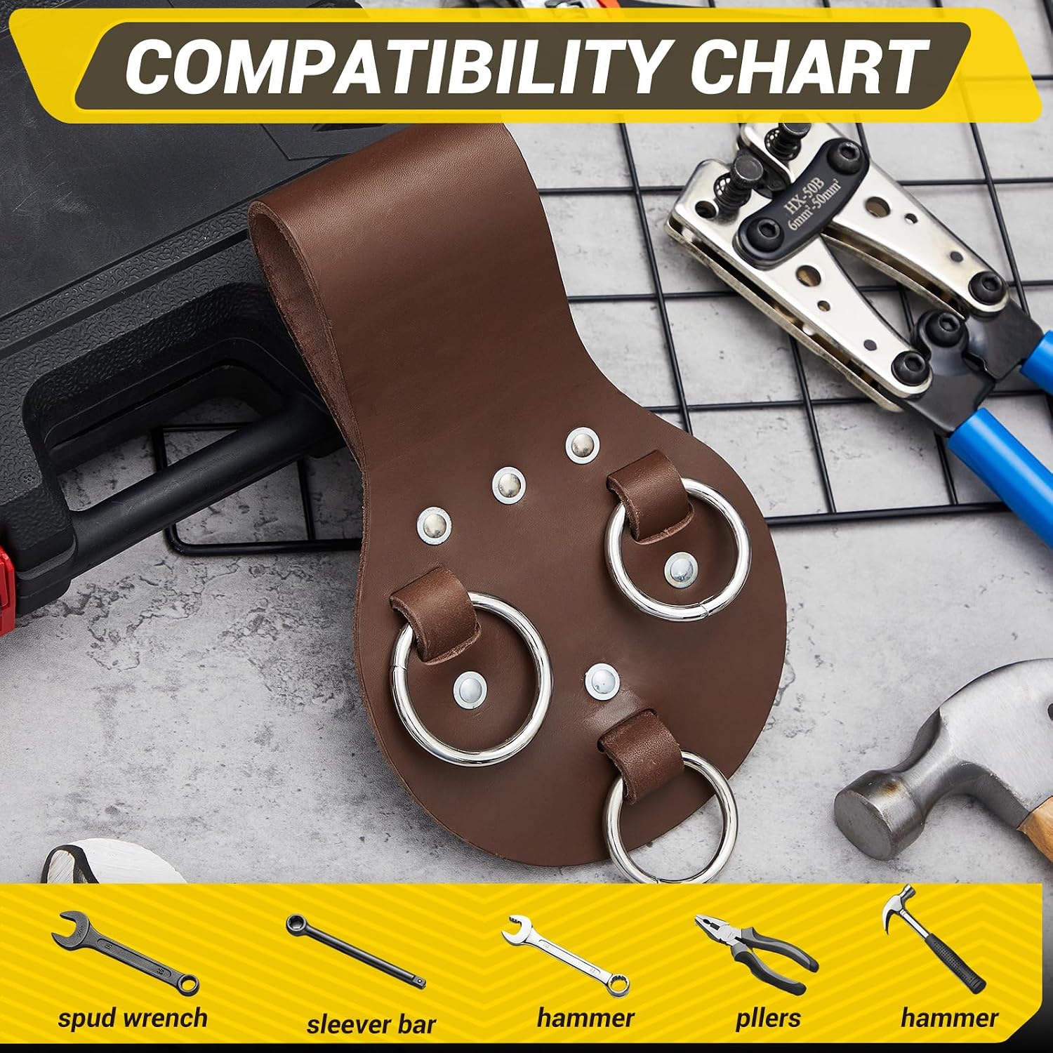 Beeveer 1 Pcs 3 Ring Spud Wrench Holder Sleever Bar Holder Tool Holster Vegetable Tanned Leather Ironworker Tool Belt for Ironworker Tools Organization, Hold Spud Wrench, Hammers, and More