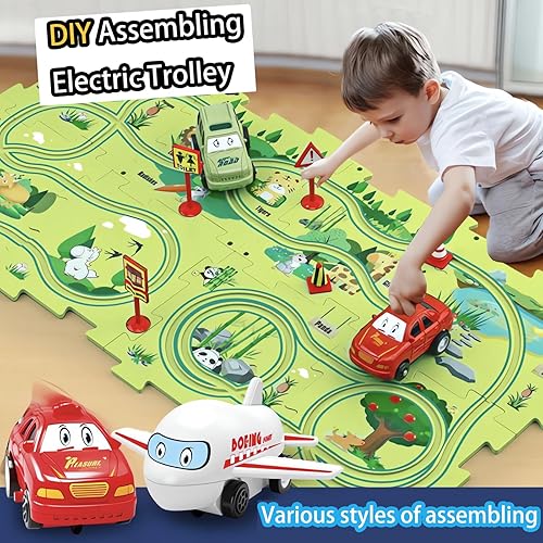 Miniatura 31 de Regalo de cumpleaños para niño de 4 años: set de pista de autos Puzzle Racer con mapa de carretera. Juguete de pista de autos y rompecabezas ideal