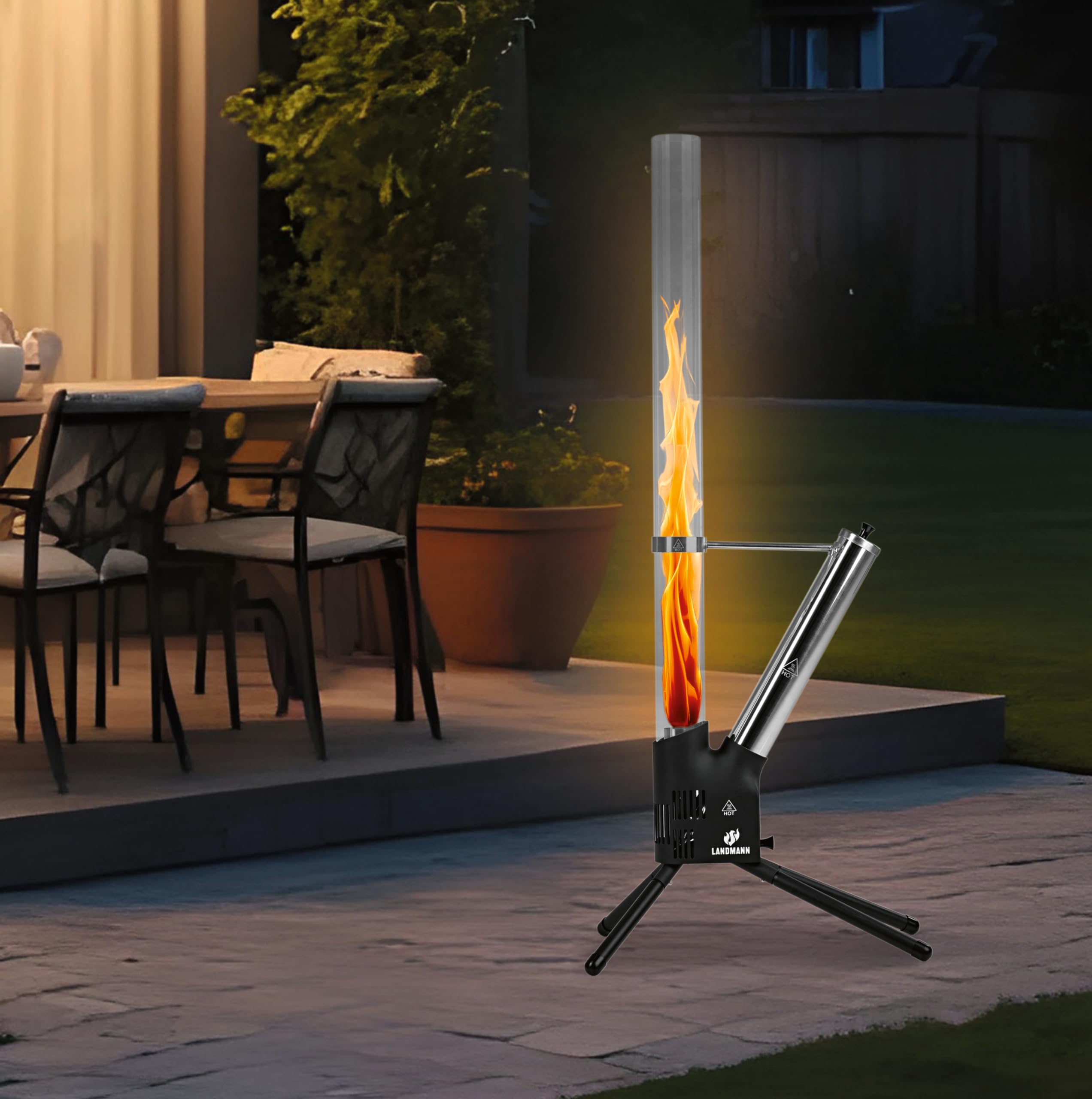 LANDMANN Feuerrohr aus Edelstahl Dekorative Feuersäule für Garten Terrasse raucharme Pellet-Fackel mit abnehmbarer Ascheschublade 75 Min Brenndauer