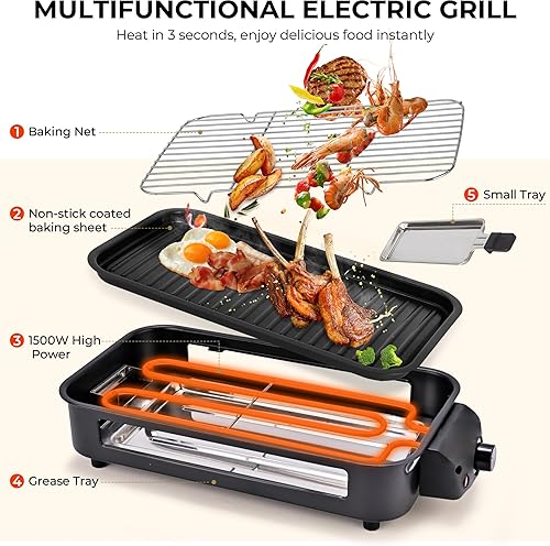 Miniatura 5 de Pukomc Parrilla eléctrica para interiores, 2 en 1, para cocina, con red de parrilla y placa extraíble antiadherente, control de temperatura, apto