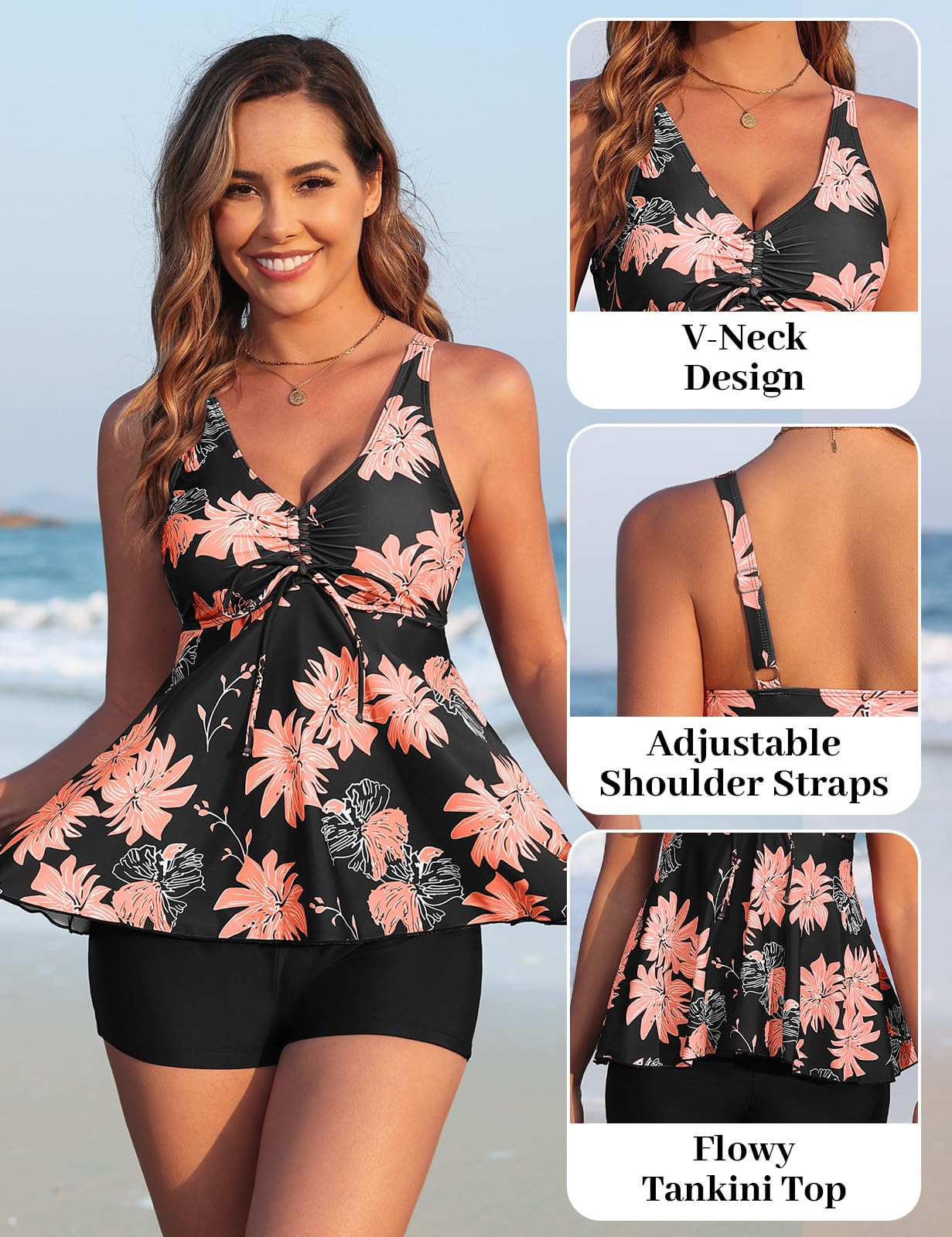 Nadeer Tankinis Mujer Traje de Baño 2 Piezas Cuello en V Push up Bikini Set Estampado Floral con Pantalones Cortos